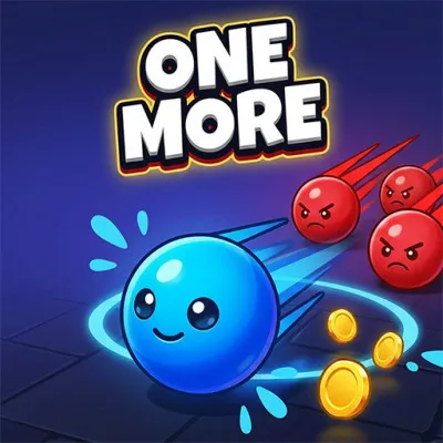 One More drops you into a hostile arena as a blue orb. Red enemies swarm from every angle. Loot glitters on the ground.